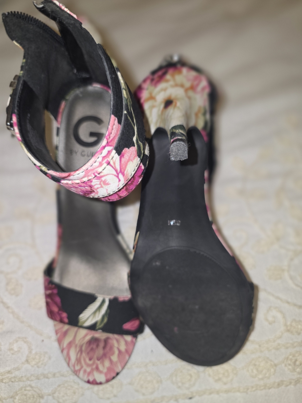 G by Guess Floral Ankle Strap Heels - Pink Black